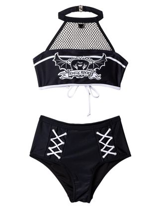 Emily The Strange Womens Halter Top with Bottom Two Piece Bikini Set Bathing Suit, Black, S