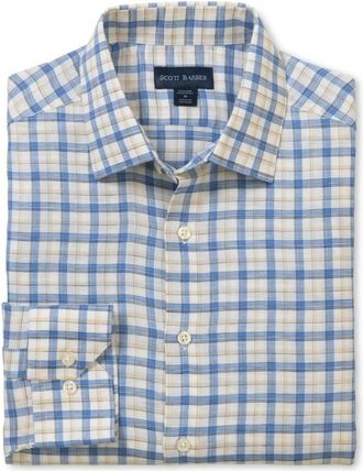Scott Barber Mens Coastal Linen Plaid Shirt In Blue