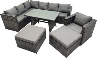 Fimous Fimous 9-seater Outdoor PE Rattan Sofa Set with Dining Table Patio Garden Furniture Sets with Chair 2 Big Stools Dark Grey Mixed