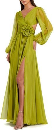 Mac Duggal Long Sleeve V Neck Chiffon Gown With 3D Flower in Apple Green at Nordstrom, Size 12