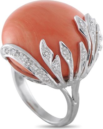 Luxury Bazaar 18K White Gold 0.10ct Diamond and Coral Ring MF08-050526