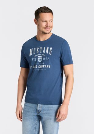 Mustang Kurzarmshirt MUSTANG Alex Logoprint, Herren, Gr. XXL, schwarz denim, Jersey, Obermaterial: 100% Baumwolle, bedruckt, normal h&uuml;ftbedeckend, Rundhals, S