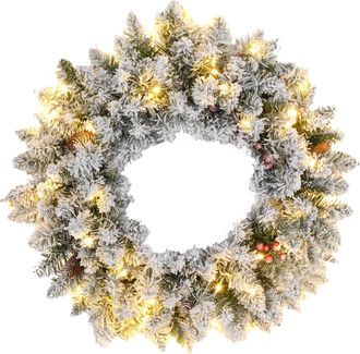 HOMCOM 60cm Flocked Christmas Wreath with Lights Pine Cones Red Berries Green | TJ Hughes