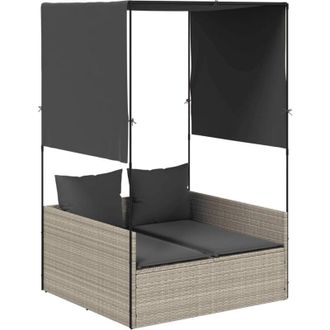 vidaXL Tumbona Doble Con Techo Y Cortinas Rat&aacute;n Sint&eacute;tico Gris Claro Vidaxl