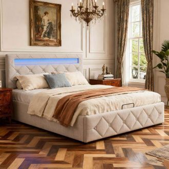 OEM Cama 140x190 - Cama Cofre Hidr&aacute;ulica - Cabecera Con Led - Terciopelo Beige