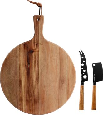 Gibson Home 3 Piece Acacia Wood Charcuterie Serving Board and Cheese Knife Set in Brown