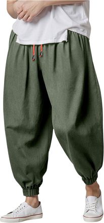 Generic Mens Cotton Trousers Baggy Casual Harem Pants Wide Leg Pants Mens Baggy Cotton Linen Harem Elastic Waist Cuff Wide Leg Loose Fit Yoga Comfort Pajama L