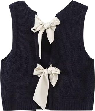 Generic Womens Sleeveless Jumpers Elegant Sweater Vests Crewneck Knitted Waistcoats Crochet Cardigan Gilets Knit Tank Top with Bow & Buttons Side Knit Outerwe