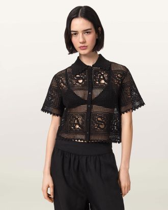 AllSaints Cotton Kyra Crochet Cropped Polo T-Shirt, Size: XS
