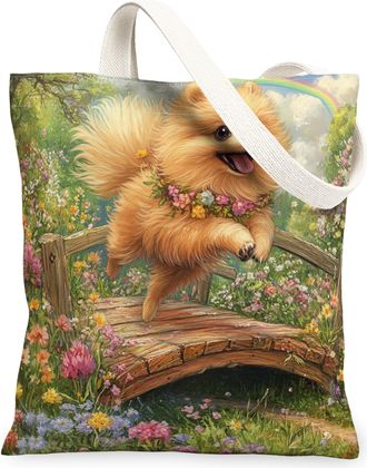 Generic Spring Pomeranian Dog Canvas Tote Bag for Shopping 13x15, Country Garden Puppy Reusable Grocery Print Pattern Bag for Women, Fun Flower Pet Beach Aest
