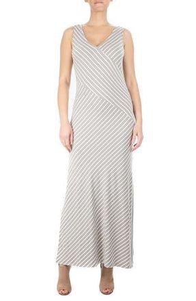 Nina Leonard V-Neck Stripe Maxi Dress in Taupe/White at Nordstrom Rack, Size X-Large