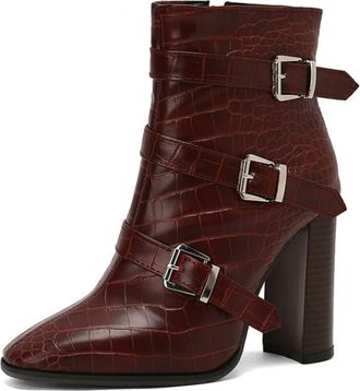 Generic Womens Square-Toe Buckle Detail Ankle Boots Chunky Heel Faux Leather Side Zip Booties,Red,7.5 UK