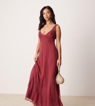 Asos Petite ASOS DESIGN Petite lace and chiffon maxi dress with flares in raspberry-Multi