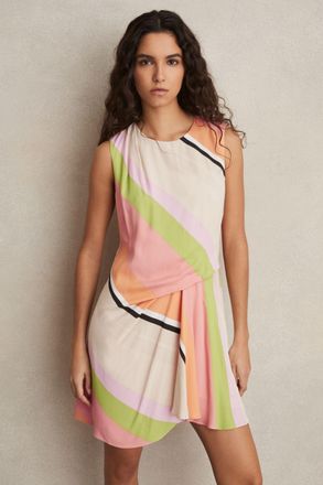 Reiss Womens Pink & Green Striped Tuck Mini Dress, Size: 12