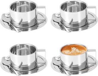 OEM Set Di 4 Tazze Da Caff&egrave; In Acciaio Inox, 180 Ml, Tazze Termiche A Doppia Parete Per Espresso, Con Cucchiaino E Piattino Inclusi, Ideali Anche Per Caff
