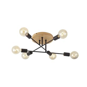 QAZQA Qazqa L&aacute;mpara De Techo Art D&eacute;co Negra Con Madera 6 Luces - Sydney