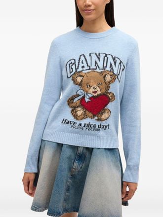 Ganni Teddy Bear Graphic Wool Sweater - Light Blue