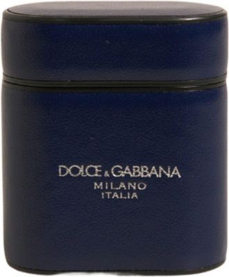 Dolce & Gabbana Blue Leather Logo Print Flip Holder Airpods Case Accessory