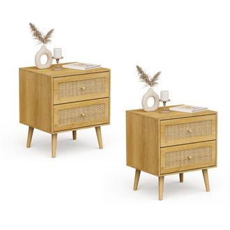 VonHaus Sienna 2 Drawer Set of 2 Rattan Fronted Bedside Table in Brown