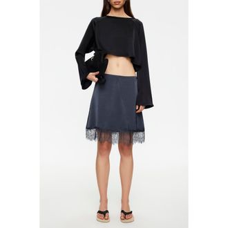 Lioness Gloss Long Sleeve Satin Crop Top in Noir at Nordstrom, Size X-Large
