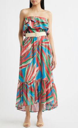 Tahari by ASL Ruffle Belted Strapless Maxi Dress in Red Palm at Nordstrom, Size 16
