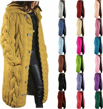 Generic Long Knitted Cardigans for Women UK, Womens Long Cardigans with Buttons Chunky Knitted Sweater Open Front Long-Sleeve Crochet Jumpers Oversized Longli