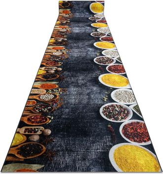 RugsX Runner anti-slip LOTUS KITCHEN 40580 Dishes, kitchen grey / yellow WASHABLE 80cm grey 80x600 cm