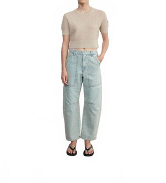 Enza Costa Linen Open Knit Cropped Short Sleeve Sweater In Basalt