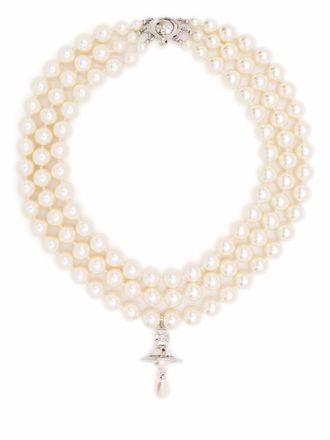 Vivienne Westwood Multi-Strand Pearl Necklace with Silver-Toned Clasp and Charm