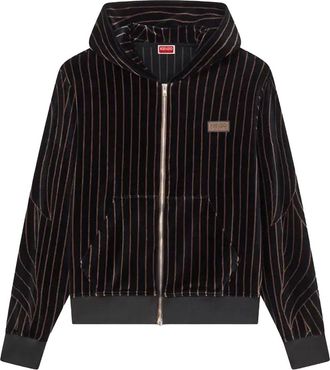 Kenzo LEAF STRIPE VELVET FULL ZIP HOODIE Size: XL, colour: BLACK
