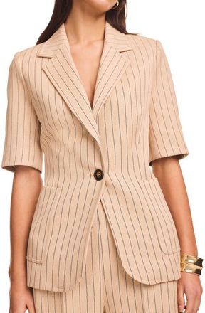 Mint Velvet Pin Stripe Short Sleeve Blazer in Camel at Nordstrom, Size 14
