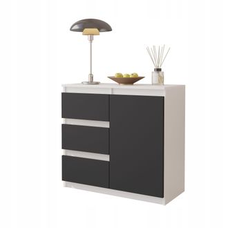 OEM C&oacute;moda De 80 Cm, Blanco Mate/antracita, Con 3 Cajones, 1 Puerta Y Compartimento De Almacenamiento