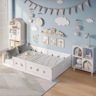 OEM Cama Infantil Montessori 140x200 Con Barreras De Seguridad - Estructura De Cama En Blanco Y Estrellas - Cama Para Ni&ntilde;os