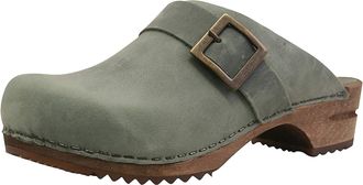 Sanita Urban Mule Clog | Original Handmade Wooden Leather Clog for Women | Sustainable Materials | Khaki Green | 7.5 UK