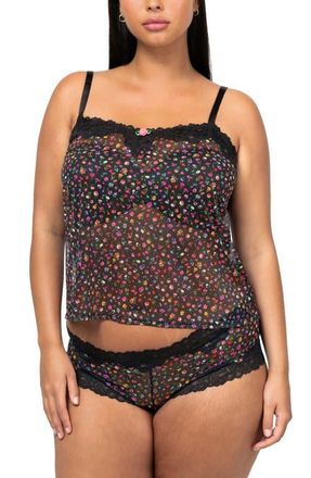 Curvy Couture Floral Sheer Lace Trim Camisole & Boyshorts Set in Meadow Dream at Nordstrom, Size Xx-Large
