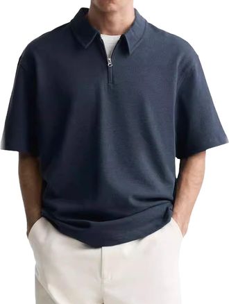 Generic Zip Polo Shirt Men Short Sleeve Golf Vintage Loose Fit Casual Collared Tshirts Crewneck Lightweight Fashion Summer Oversized Shirt Navy