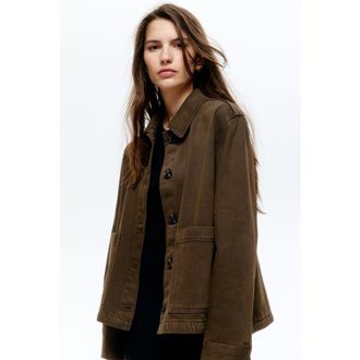 H&M Cotton Denim Jacket in Dark Khaki Green at Nordstrom, Size Small