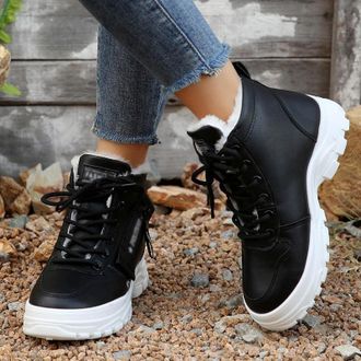 Generic Womens Snow Boots Winter Warm Booties Lace Up Ankle Boots Faux Fur Lined Booties Outdoor Anti-Slip Walking Shoes (Black, 7.5)