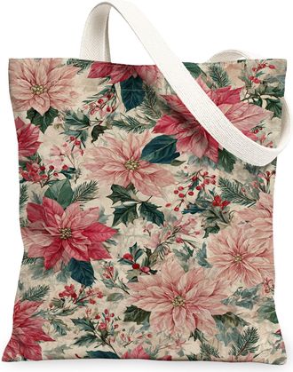 Generic Christmas Floral Canvas Tote Bags, Elegant Poinsettia Design Reusable Grocery Bags, Vintage Lightweight Washable Canvas for, Peach, 13x15 Inch