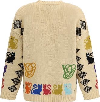 Valentino Mens Cardigan With Le Chat De La Maison Jacquard Motif Multicolor. Fleece Wool Sweater