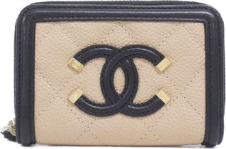 Chanel Beige Black Grained Calfskin Coin Purse/Coin Case (Pre-Owned)