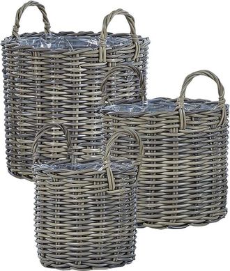 Beliani Conjunto De 3 Macetas De Rat&aacute;n Sint&eacute;tico Marr&oacute;n Gris Pardo Forro Nikiti