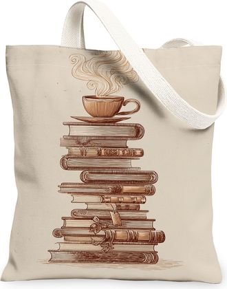 Generic Vintage Artistic Canvas Tote Bags, Coffee and Books Design Lightweight Washable Reusable Grocery Bags for Daily Use, Eco-Fr, Beige, 13x15 Inch