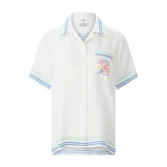Casablanca Shirts, female, White, Size: XS Floral Cuban Collar Short Sleeve Silk Shirt