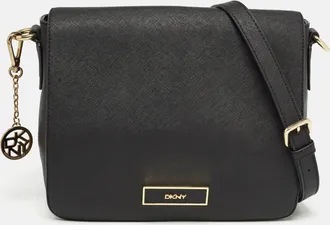 DKNY Dkny Black Leather Logo Flap Shoulder Bag