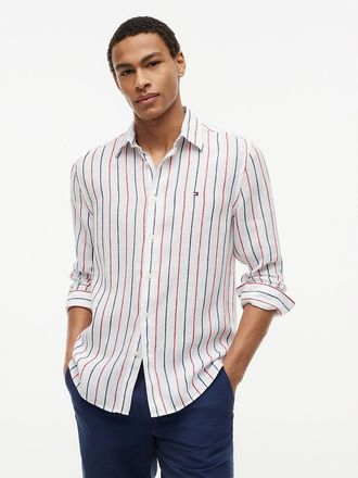 Tommy Hilfiger Mens Regular Fit Striped Linen Shirt - White/Red Stripe - XXL