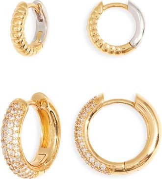 Nordstrom Set of 2 Cubic Zirconia Huggie Hoop Earrings in Clear- Gold- Silver at Nordstrom