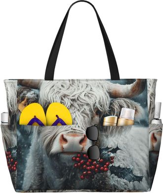 Generic Cute Highland Cow Print Large Beach Bag Foldable Travel Shoulder Tote Bag With Pocket For Weekender Pool Vacation