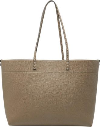 Fendi Brown Gray Leather Canvas Tote Bag (Pre-Owned)