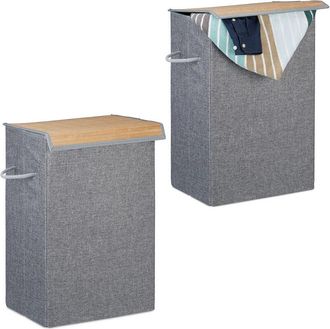 Relaxdays Relaxdays - 2x Laundry Baskets, Hook and Loop Lid, Fabric, 2 Handles, Portable, 60 l Volume, Square Bin, 60x40x30 cm, Grey